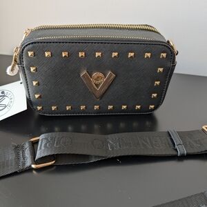 Black Studded Crossbody Bag with Gold Accents